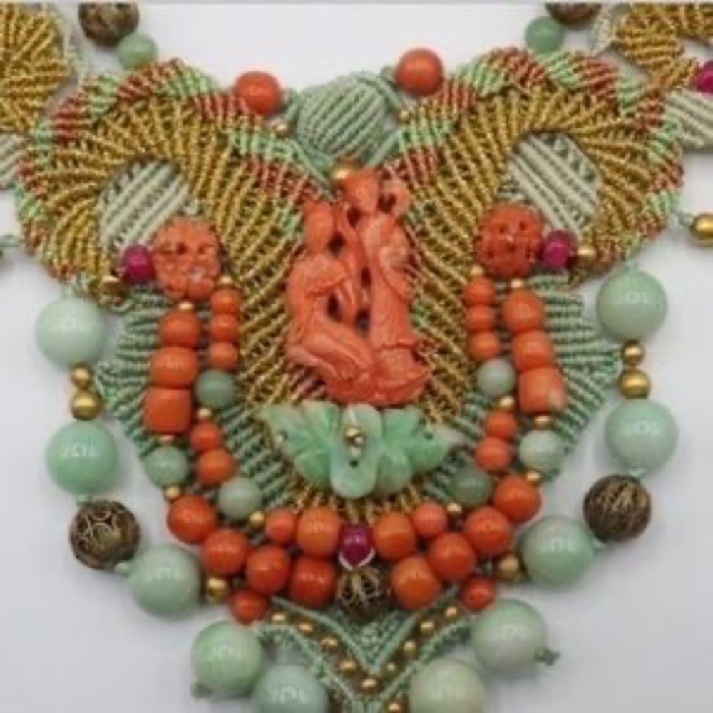 Vintage Carved Jade & Coral Necklace